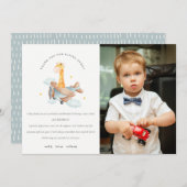 Cute Blue Yellow Plane Giraffe Kinder Foto Birthda Bedankkaart (Voorkant / Achterkant)