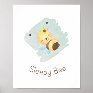 Cute Blue/Yellow Sleepy Bee Nursery Wall Art Poster