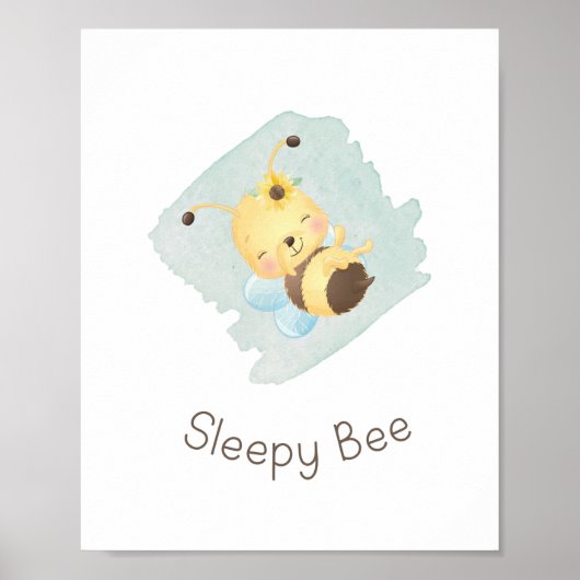 Cute Blue/Yellow Sleepy Bee Nursery Wall Art Poster (Voorkant)