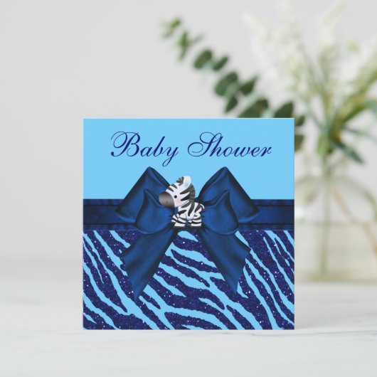 Cute Blue Zebra & Animal Print Glitter Baby shower Kaart (Staand voorkant)