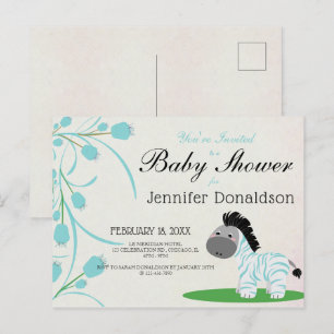 Cute Blue Zebra Blue Floral Baby shower Uitnodiging Briefkaart