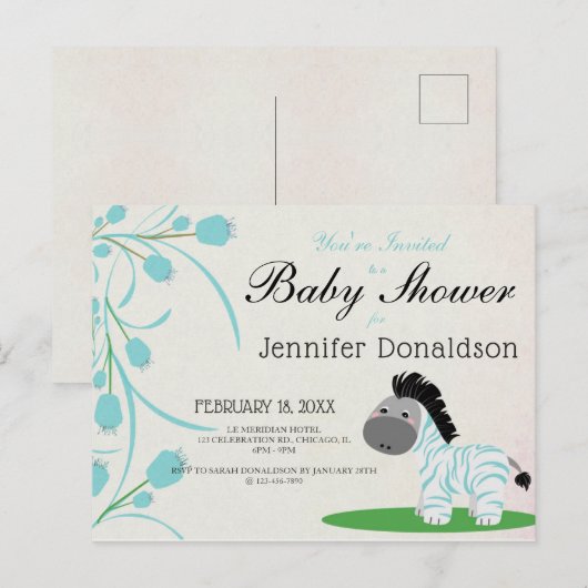 Cute Blue Zebra Blue Floral Baby shower Uitnodiging Briefkaart (Voorkant / Achterkant)