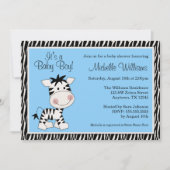 Cute Blue Zebra Boy Baby Shower Invitations Kaart (Voorkant)