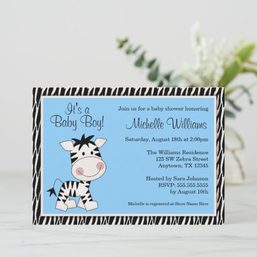 Cute Blue Zebra Boy Baby Shower Invitations Kaart (Staand voorkant)