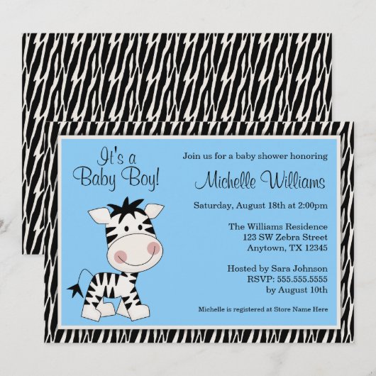 Cute Blue Zebra Boy Baby Shower Invitations Kaart (Voorkant / Achterkant)