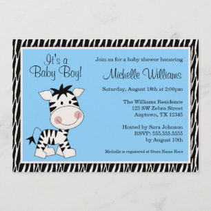 Cute Blue Zebra Boy Baby Shower Invitations Kaart