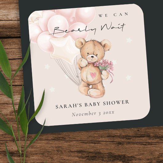 Cute Blush Barly Wait Beer Balloon Baby shower Vierkante Sticker