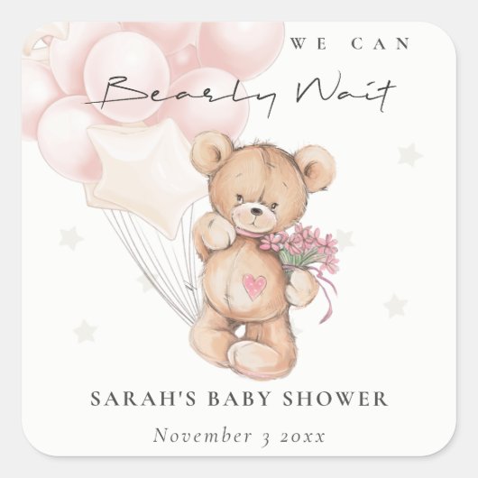 Cute Blush Barly Wait Beer Balloon Baby shower Vierkante Sticker (Voorkant)