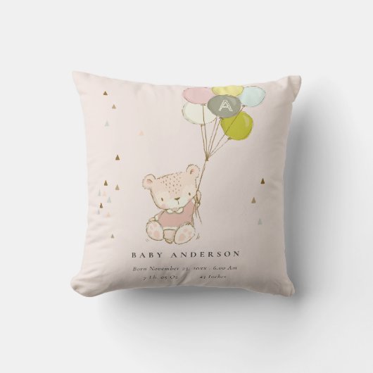 Cute Blush Beer Balloon Girly Monogram Baby Stat Kussen (Voorkant)