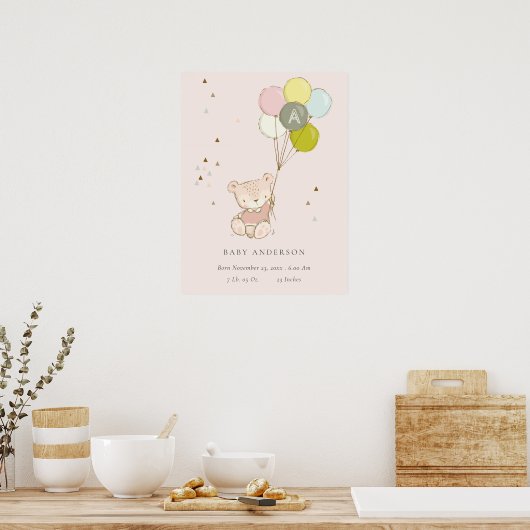 Cute Blush Beerballon Meisjesnaam Baby Poster (Keuken)