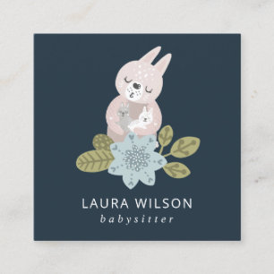 CUTE BLUSH BLUE NAVY SCANDI FLORAL BEER HUG NANNY VIERKANTE VISITEKAARTJE