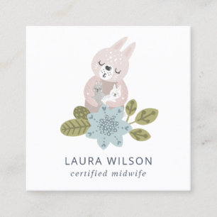 CUTE BLUSH BLUE SCANDI FLORAL BEER BABY MIDWIFE VIERKANTE VISITEKAARTJE