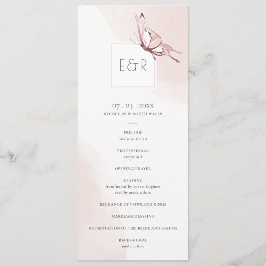 CUTE BLUSH BUTTERFLY WEDDING CEREMONY PROGRAMMA (Voorkant)