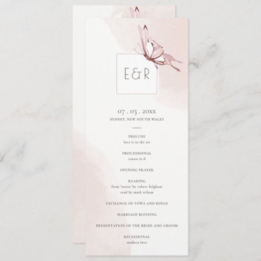 CUTE BLUSH BUTTERFLY WEDDING CEREMONY PROGRAMMA (Voorkant / Achterkant)