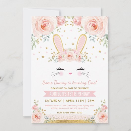 Cute Blush Floral Bunny Rabbit Birthday Party Kaart (Voorkant)