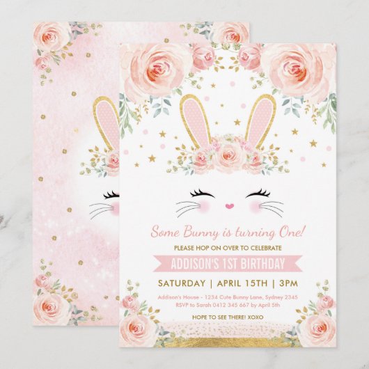Cute Blush Floral Bunny Rabbit Birthday Party Kaart (Voorkant / Achterkant)