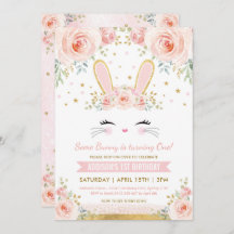 Cute Blush Floral Bunny Rabbit Birthday Party