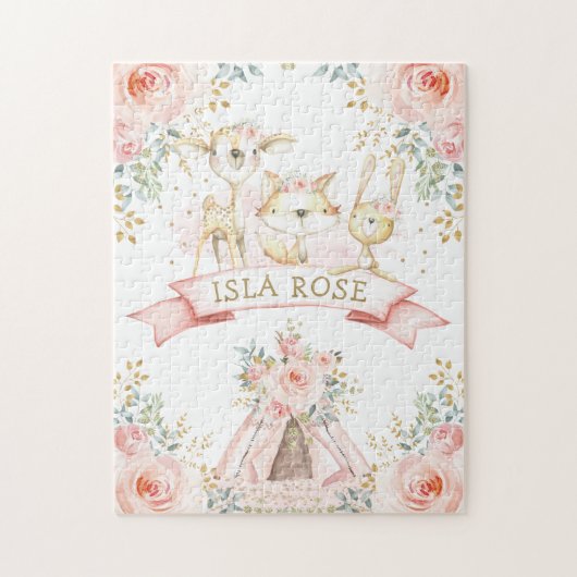 Cute Blush Floral Tribal Woodland Animals Legpuzzel (Verticaal)