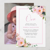 Cute Blush Flowers Girls 1e verjaardag Foto Kaart (Voorkant / Achterkant)