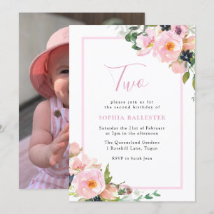 Cute Blush Flowers Girls 2e verjaardag Foto Kaart