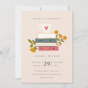 Cute Blush Gestapelde boeken Floral Wedding Invite Bedankkaart