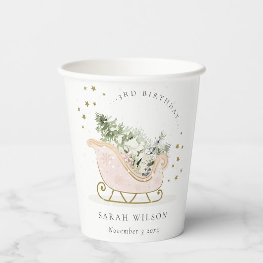 Cute Blush Gold Winter Sleigh Elke avond Papieren Bekers (Achterkant)