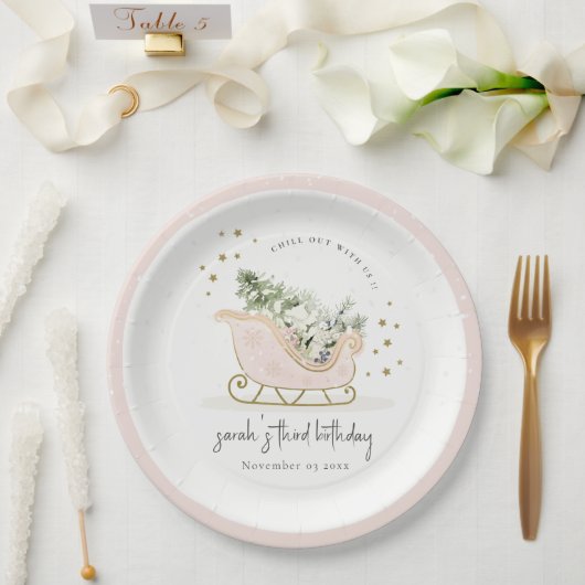 Cute Blush Gold Winter Sleigh Elke avond Papieren Bordje (Huwelijk)