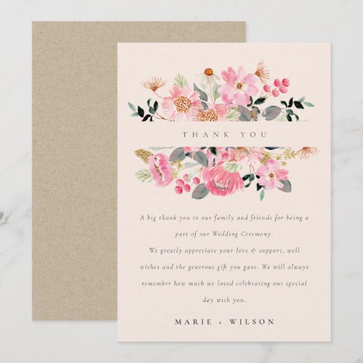 Cute Blush Lively Pink Waterverf Floral Wedding Bedankkaart (Voorkant / Achterkant)