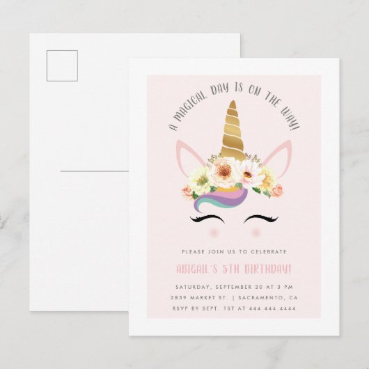 Cute Blush Magical Unicorn Birthday Party Uitnodiging Briefkaart (Voorkant / Achterkant)