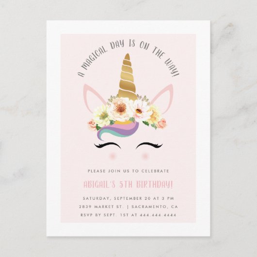 Cute Blush Magical Unicorn Birthday Party Uitnodiging Briefkaart (Voorkant)