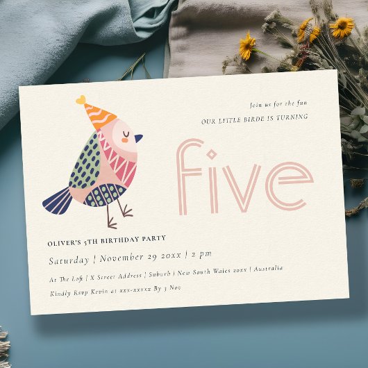 Cute Blush Pink Birdie elke leeftijd van 5 jaar Ui Bedankkaart