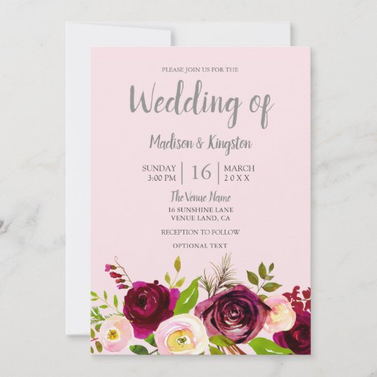 Cute Blush Pink Burgundy Red Floral Wedding Kaart (Voorkant)