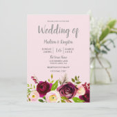 Cute Blush Pink Burgundy Red Floral Wedding Kaart (Staand voorkant)
