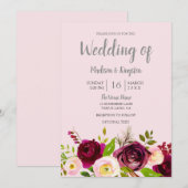Cute Blush Pink Burgundy Red Floral Wedding Kaart (Voorkant / Achterkant)