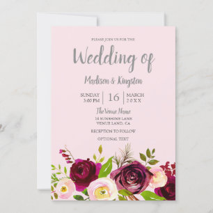 Cute Blush Pink Burgundy Red Floral Wedding Kaart