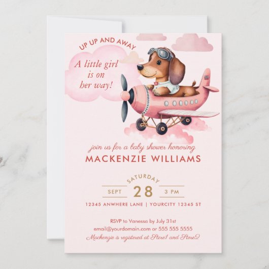 Cute Blush Pink Dachshund Plane Baby shower Girl Kaart (Voorkant)