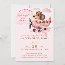 Cute Blush Pink Dachshund Plane Baby shower Girl