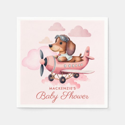 Cute Blush Pink Dachshund Plane Girl Baby shower Servet (Voorkant)