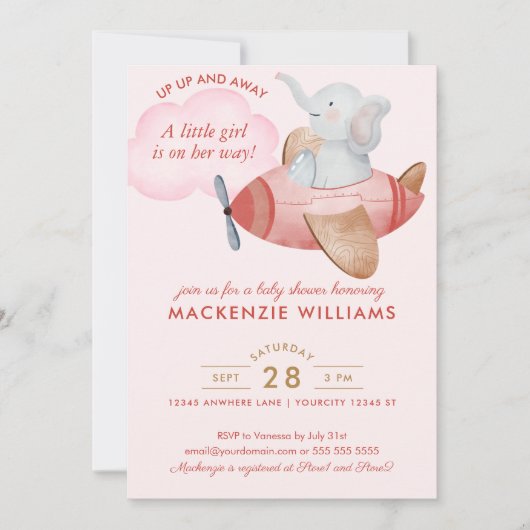 Cute Blush Pink Elephant Plane Baby shower Girl Kaart (Voorkant)