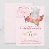 Cute Blush Pink Elephant Plane Baby shower Girl Kaart (Voorkant / Achterkant)