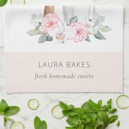 Cute Blush Pink Floral Cake Mixer Bakery Catering Theedoek (Gevouwen)