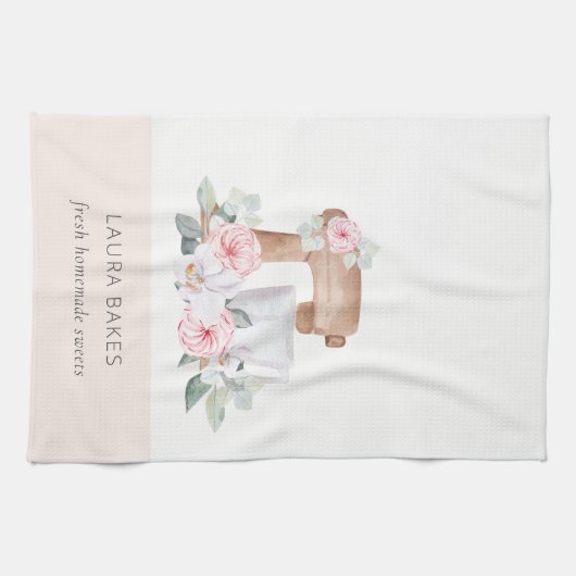 Cute Blush Pink Floral Cake Mixer Bakery Catering Theedoek (Horizontaal)