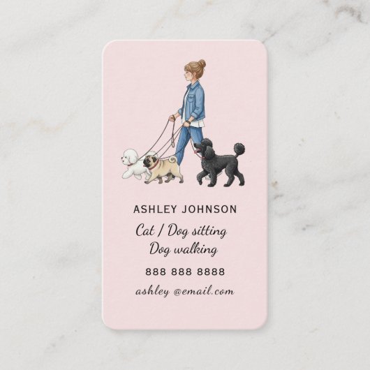 Cute blush pink Girl walking dogs Dog walker Visitekaartje (Voorkant)