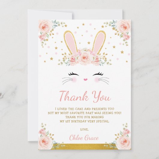 Cute Blush Pink Gold Bunny Easter Rabbit Birthday Bedankkaart (Voorkant)