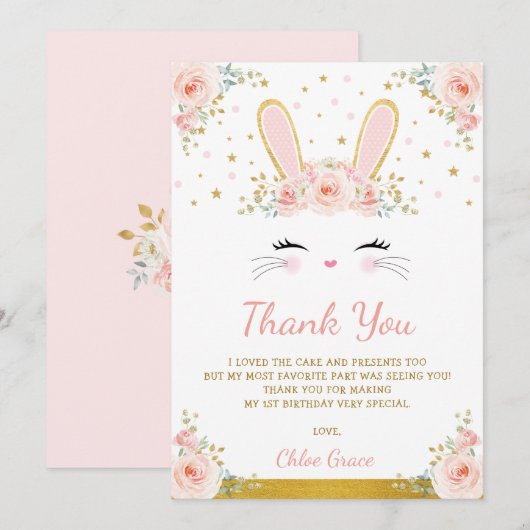 Cute Blush Pink Gold Bunny Easter Rabbit Birthday Bedankkaart (Voorkant / Achterkant)