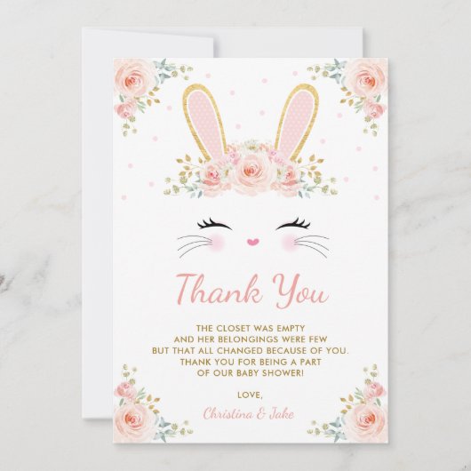 Cute Blush Pink Gold Bunny Rabbit Baby shower Bedankkaart (Voorkant)