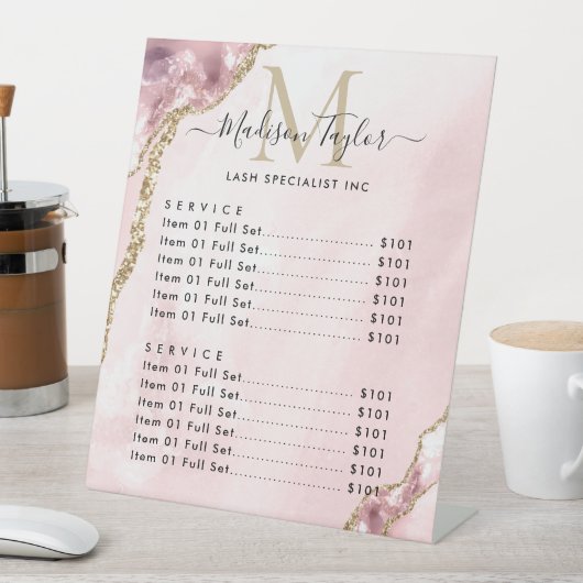 Cute Blush Pink Gold Glitter Agate Marble Monogram Reclamebord Met Voetstuk (Insitu)