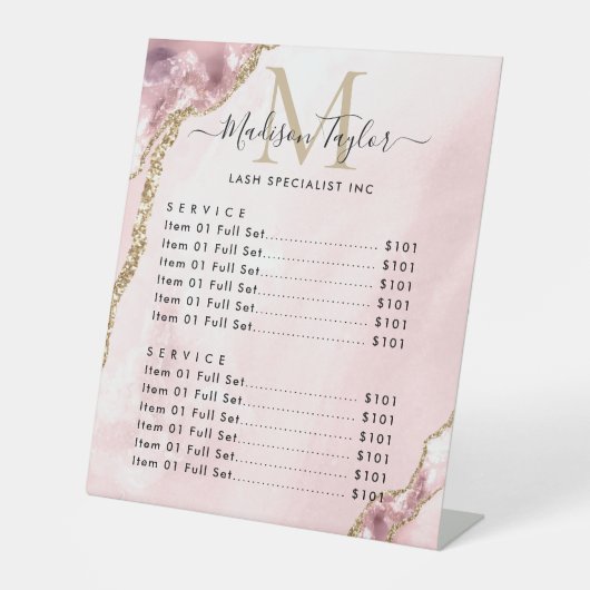 Cute Blush Pink Gold Glitter Agate Marble Monogram Reclamebord Met Voetstuk (Voorkant)