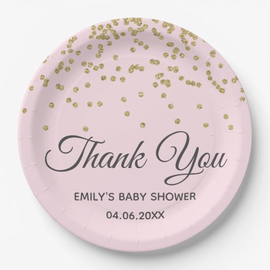 Cute Blush Pink Gold Glitter Dank u Baby shower Papieren Bordje (Voorkant)