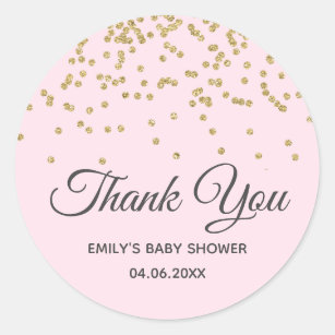 Cute Blush Pink Gold Glitter Dank u Baby shower Ronde Sticker